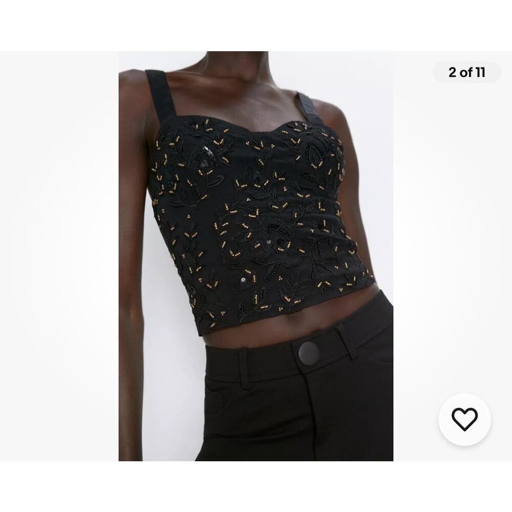 Zara Beaded Bustier Style Top Cropped Size Large Black Gold Sleeveless Festival - Picture 2 of 10